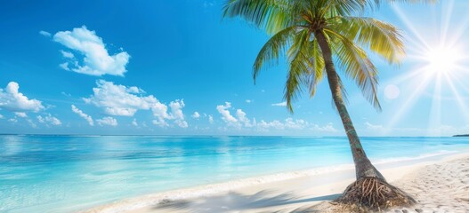 Stunning natural tropical landscape, tropical beach with white sand and palm tree leaned over a calm wave. Blue sky with clouds in a sun-drenched summer day, island Maldivian.