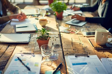 Wall Mural - multiple individuals seated at a desk with notepads and documents