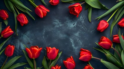 Wall Mural - Vibrant Red Tulips Surrounded by Lush Foliage on Dark Background