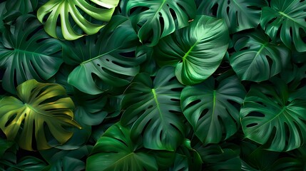 Wall Mural - Vibrant Tropical Leaf Foliage Background with Lush Green Monstera Leaves