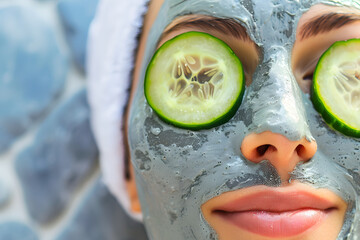 A close-up shot of a woman's face covered with a soothing clay mask, with cucumber slices over her eyes, set against a tranquil spa background