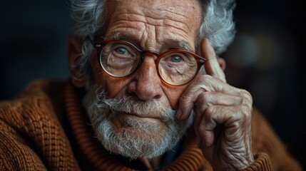 Poster -  A wise elderly philosopher with gray hair and glasses, looking thoughtfully at the camera. 