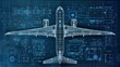 © kitidach - Detailed blueprint of an airplane showcasing intricate engineering design and technical schematics on a blue background.