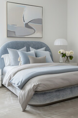 Wall Mural - A light blue and gray velvet bed with an oval headboard, surrounded by white pillows on the floor in front of it. The background is a plain wall adorned with a minimalist painting.