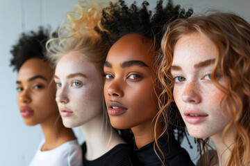 Poster - A diverse group of women, showcasing different hairstyles and expressions, posed against a minimalist white background. 