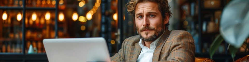 Poster - businessman with shaggy medium length dark blonde hair and a short beard, dressed smart, sits with a laptop and coffee in central London. 