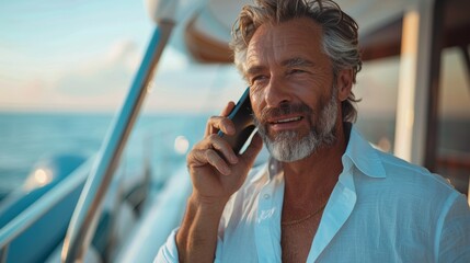 Poster - fashioned white 50 yo man speaks on a mobile phone on his yacht