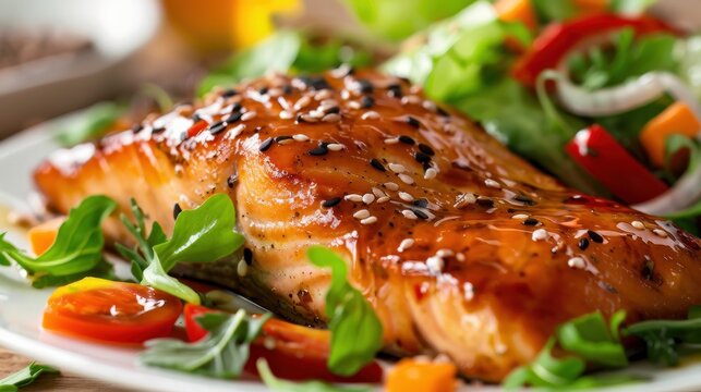 Salmon, salad, and steamed fish for healthy diets like Paleo, keto, and Mediterranean. Asian dish with teriyaki cooked in the oven, gluten-free, and lectin-free