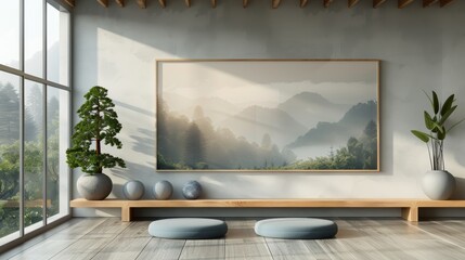 Sticker -  modern minimalist wall shelf with a landscape format frame print placed on it, the wall is inside a yoga studio 