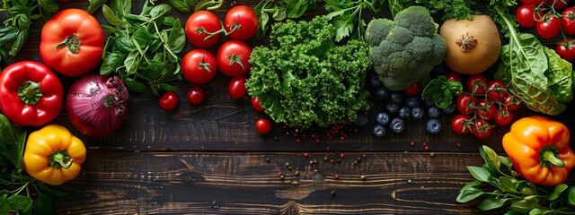  Vegetables and fruits on lower right side, flat lay on a wooden table, minimalist