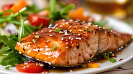 Wall Mural - Salmon, salad, and steamed fish for healthy diets like Paleo, keto, and Mediterranean. Asian dish with teriyaki cooked in the oven, gluten-free, and lectin-free