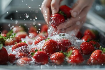 Wall Mural - Person washing strawberries in sink with water and sprinkler