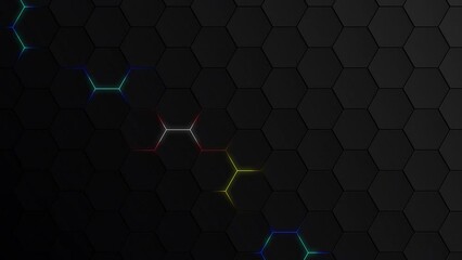 Hexagons pattern on a black background. Colored honeycombs on a dark gradient. Geometric digital shape. Vector linear structure of a wasp's nest. Black wall neon electret lines.
