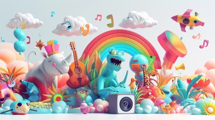 Music festival graphics, fun music concept, all kinds of animals and monsters playing music and enjoying the music.