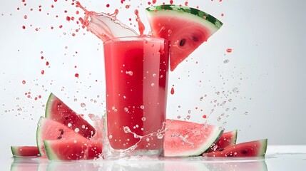 Splashing Watermelon Juice in Chilled Glass with Vibrant Red Slices and Droplets