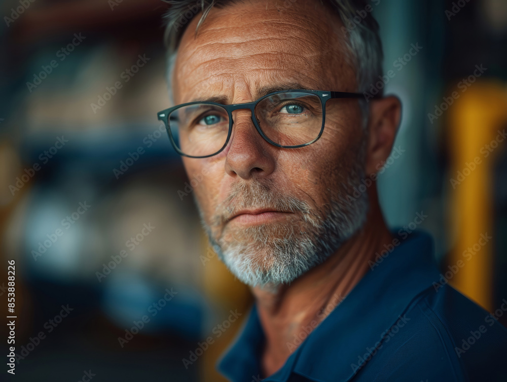  professional portrait of a middle-aged southern American factory worker, short hair, modern eyeglasses, blue polo shirt, tired eyes, wrinkled forehead, scar on face