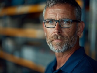 Canvas Print -  professional portrait of a middle-aged southern American factory worker, short hair, modern eyeglasses, blue polo shirt, tired eyes, wrinkled forehead, scar on face