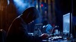 © CYBERUSS - Hacker in black hoodie working on computer for cybersecurity breach