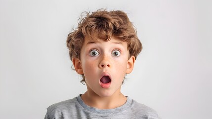 Shocked and Amazed Young Boy Looking at on Plain White Background