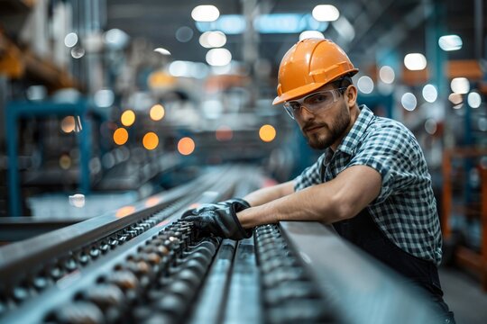 Worker in hard hat and safety glasses operating machine