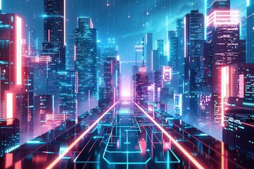 Wall Mural - futuristic cityscape at night with glowing neon lights and holographic displays cyberpunk digital art concept