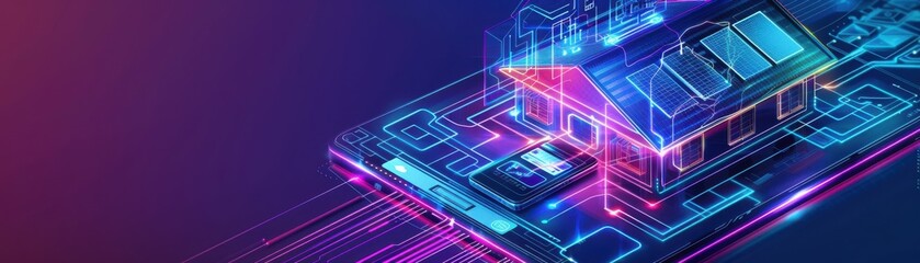 Futuristic digital smartphone interface with vibrant neon colors, depicting online home and communication technology.