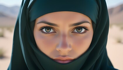 Arabic afghan arabian woman in traditional black hijab headwear close up portrait