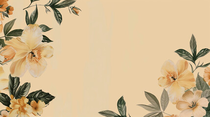 Grunge antique style graphic banner background with flowers, copyspace. Cream colors