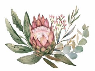 Wall Mural - Watercolor floral illustration with protea rose, leaves, branches and flowers. Bohemian greeting card