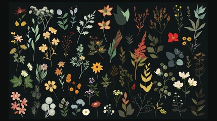 Wall Mural - set of botanic blossom floral elements. Branches, leaves, herbs, wild plants and flowers.