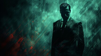 A shadowy figure in a suit stands in a swirling green and red mist. The man's face is obscured, adding to the mysterious atmosphere.