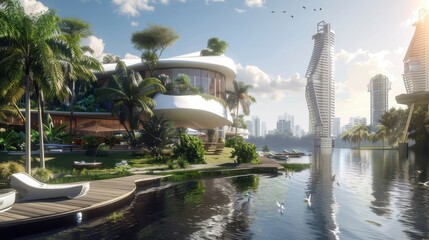 Wall Mural - A futuristic waterfront development in Sao Paulo, with smart buildings and tech enhanced leisure areas, photorealistic, modern and vibrant. 