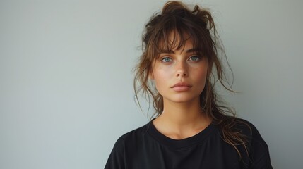 Wall Mural - Woman With Long Brown Hair and Bangs Looking at Camera