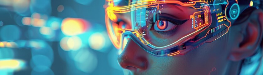 Wall Mural - Futuristic woman wearing high-tech VR goggles, illuminated by neon lights, showcasing the advancement in virtual reality technology.