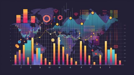 Leinwandbilder - A stock market infographic with bar charts showing price movements, trading volume, and market trends.