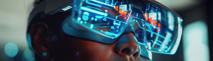 Wall Mural - Person wearing high-tech AR glasses with futuristic HUD interface, representing advanced technology and virtual reality experience.