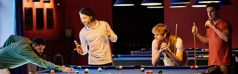 Friends enjoy a casual game of billiards in a dimly lit pub.