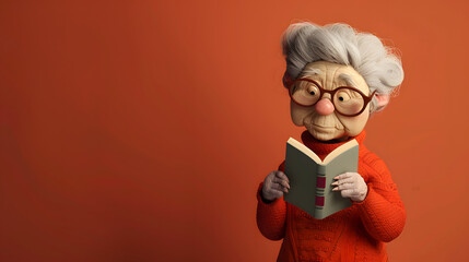 An old woman reading a book, depicted as 3D cartoon character,sits serenely in a rocking chair,her eyes twinkling with wisdom and joy.Her glasses rest on the tip her nose,she turns each page with care