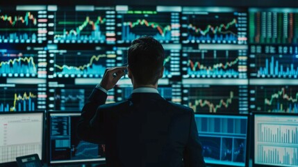 Poster - An investment manager analyzing stock market trends with candlestick charts and trading volume graphs on multiple screens.
