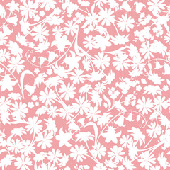 Wall Mural - floral seamless pattern with white flowers silhouettes on a pink background. vector floral print
