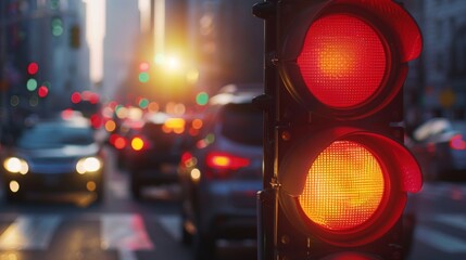 Canvas Print - Close-up of a red traffic light with cars stopped at an intersection during rush hour traffic.