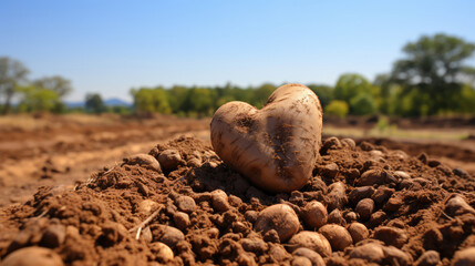 Wall Mural - Agriculture vegetables harvest background - Cross-section of soil and ripe potato in the shape of a heart on field, Generative AI