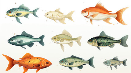 Sticker - Animals popular fish pets aquarium salt water ocean sea fish banner panorama - Collection of different fishes, isolated on white background, Generative AI