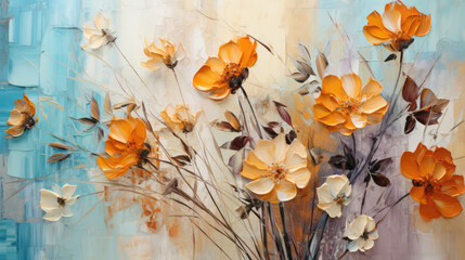 Wall Mural - closeup of abstract rough colorful blue orange multicolored art painting texture, with oil brushstro