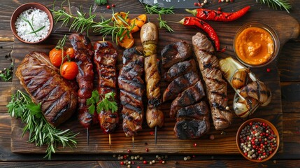 Wall Mural - delicious meat, fresh vegetables, spicy herbs and spices on the background of a wooden table, homemade healthy food, cooking hobby, food delivery concept, cooking school, copy space, place for text