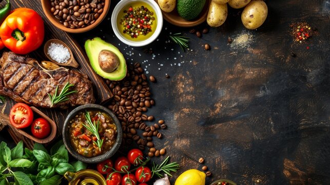 delicious meat, fresh vegetables, spicy herbs and spices on the background of a wooden table, homemade healthy food, cooking hobby, food delivery concept, cooking school, copy space, place for text