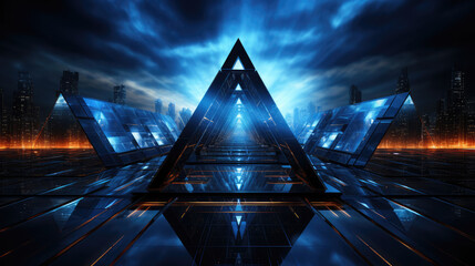 Wall Mural - Futuristic technology digital concept background banner website illustration, 3d texture - Dark blue black abstract background with glowing triangular triangles geometric glowing shiny, Generative AI