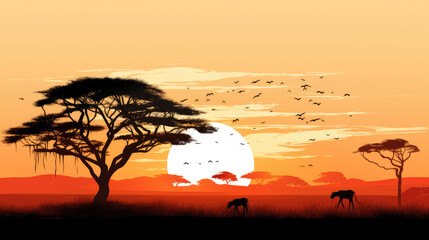 Wall Mural - Africa Safari Savanna landscape background banner panorama for logo - Black silhouette of wild animals, trees and sun, isolated on white background Stock Vector | Stock, Generative AI