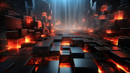 Wall Mural - Abstract geometric black red 3d texture wall with squares and square cubes background banner illustration with glowing lights, textured metal wallpaper, Generative AI