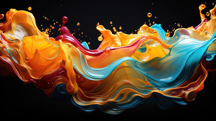 Colorful rainbow color acrylic paint flowing down over black background, dripping colorful liquid. Digital art, Generative AI